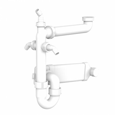 Sifón curvo con tres tomas de electrodomésticos. Conexión junta plana y tubo plano de 85x25mm.